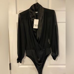 Sheer Black Tuxedo collar blouse Size L